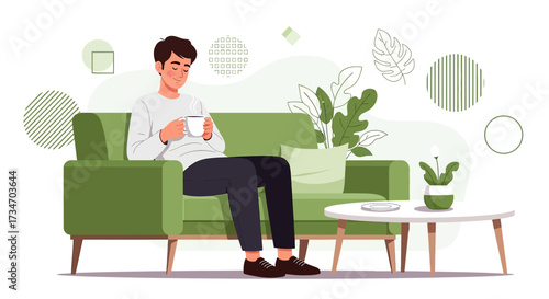 Vector illustration of a man relaxing on a sofa with coffee in a peaceful home environment