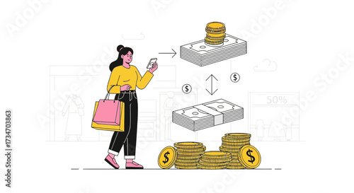 Woman making a mobile payment after shopping, concept for digital finance and e-commerce trend