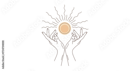 Two hands reach up towards a sun-like circle with radiating wavy lines, depicted in a minimalist, line art style.