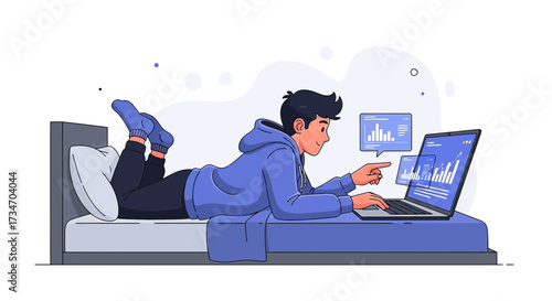 Young professional analyzing financial data on a laptop while relaxing at home on the bed