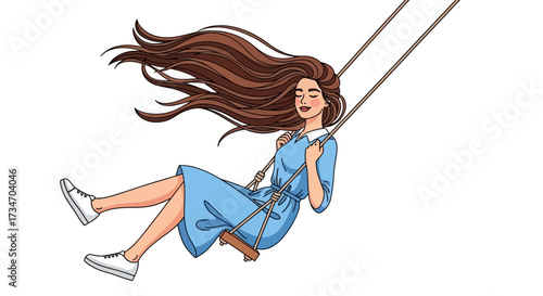 A young woman with long brown hair, enjoying a swing ride, smiling with closed eyes.