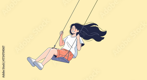 A woman with long dark hair is happily swinging on a swing set against a yellow background.