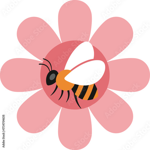 Cartoon bee on pink flower with red center, striped body, white wings, pollination scene for kids, ecology, and design use
