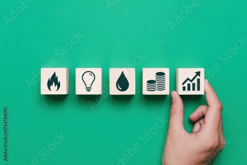 Concept of an energy crisis and inflation with rising prices for essential utilities like gas, water, and electricity shown with icons on blocks