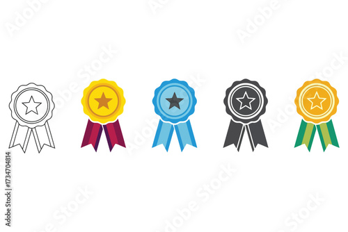 Vector art of collection of award ribbon icons, featuring various colors and styles, symbolizing achievement, recognition, and excellence in different fields
