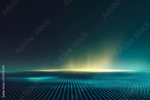Dark blue background with a yellowish glow. The image is of a large, empty space with a few dots scattered throughout