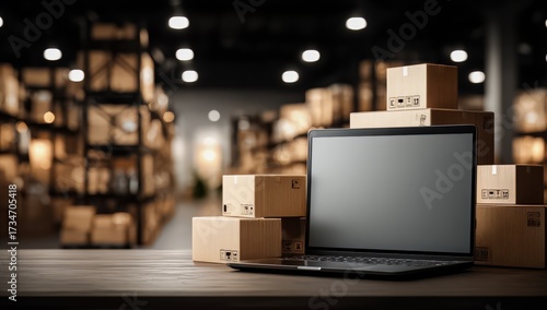 Laptop is sitting on top of a stack of cardboard boxes. The laptop is open and the boxes are piled up behind it