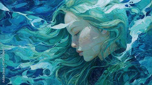   A portrait of a female submerged in water, with flowing hair and shut eyelids