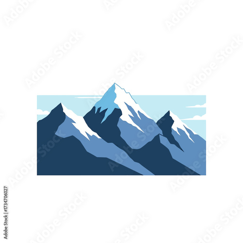 Stylized illustration of majestic snow-capped mountains with blue peaks under a clear sky, depicting a serene natural landscape.