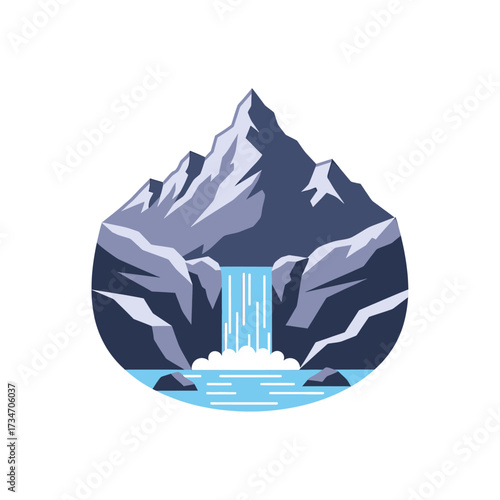 Illustration of a mountain with a waterfall in a circular frame.