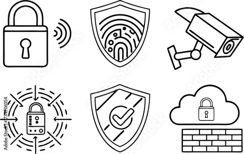 Vector icon set of security shields, signs, and symbols for web business and internet technology design illustration