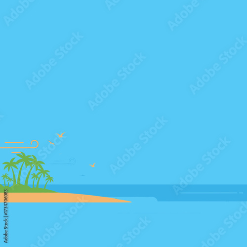 A serene tropical island with palm trees and birds flying over the calm ocean under a clear blue sky.