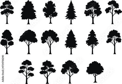Tree silhouette vector set, black forest icons, isolated woodland shapes, natural tree design, nature illustration pack, park landscape elements, ecology graphic art