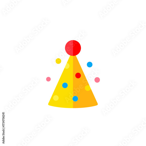 A colorful yellow cone-shaped party hat with multi-colored polka dots and a red pom-pom on top.