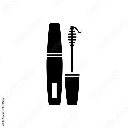 A black silhouette icon of an open mascara tube with the applicator wand brush next to it.