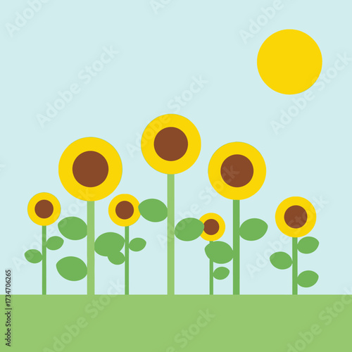 A minimalist illustration depicting a field of yellow sunflowers with green stems and leaves under a bright yellow sun in a light blue sky.