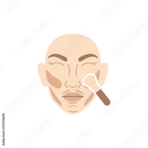 Illustration of a face with contouring makeup application using a brush, showing defined facial features.