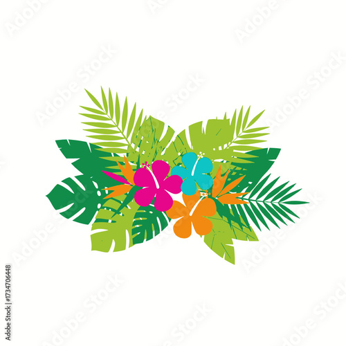A vibrant arrangement of tropical leaves and colorful hibiscus flowers on a white background.