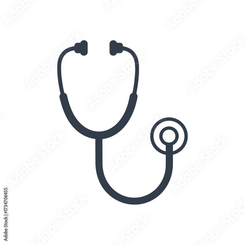 A simple, dark gray icon of a medical stethoscope, a symbol of healthcare, doctors, and medicine, isolated on a white background.