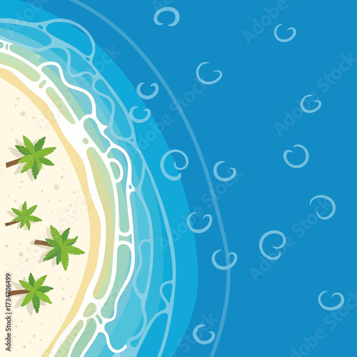 An aerial view of a tropical island with palm trees, sand, and ocean waves.