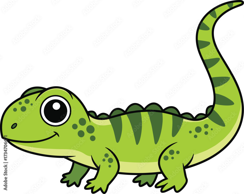 Fototapeta premium Cartoon green lizard with orange eye, smiling face, striped body, curved tail, isolated vector illustration for kids, nature, design