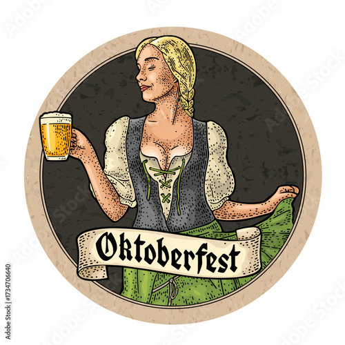 Young sexy woman wearing a traditional Bavarian dress dirndl holding beer mug. Vintage color vector engraving on dark circle. Oktoberfest gothic lettering on ribbon. Advertising design for coaster