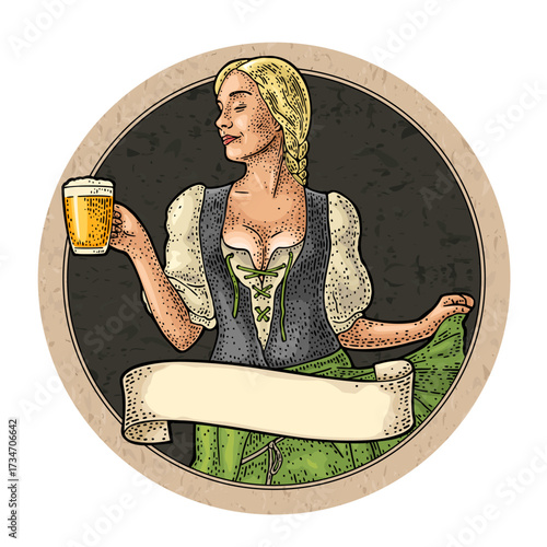 Young sexy woman wearing a traditional Bavarian dress dirndl dancing and holding beer mug. Vintage color vector engraving isolated on dark circle. Advertising design for coaster