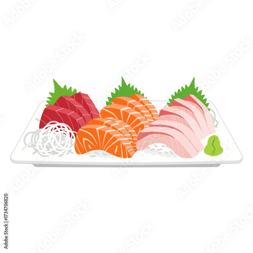 A platter of fresh sashimi featuring tuna, salmon, and yellowtail, garnished with daikon and wasabi.