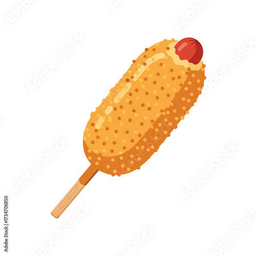 A delicious Korean corn dog on a stick, coated in crispy batter and topped with ketchup.