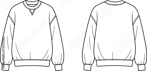 Sweatshirt flat sketch, casual fashion design, crew neck pullover illustration, ribbed cuffs and hem template, apparel garment drawing, vector clothing outline