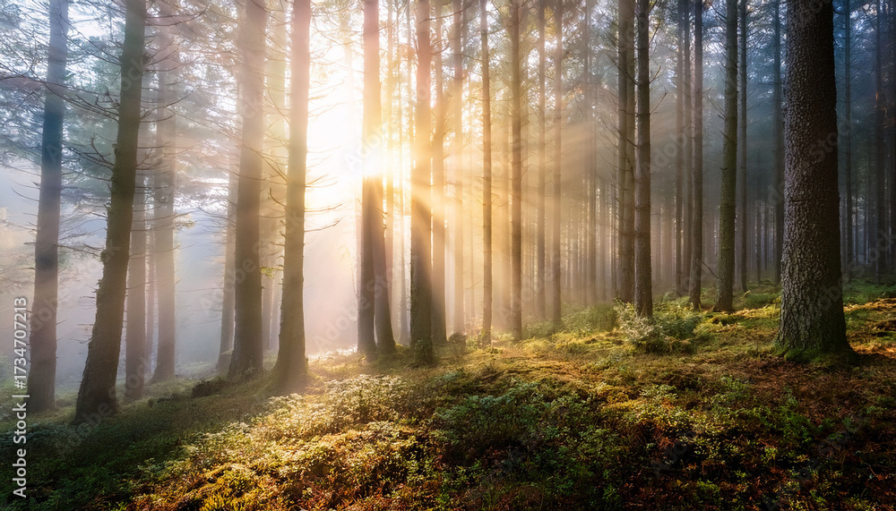 Naklejka premium Soft Light Filters Through The Tall Trees In A Misty Forest Creating A Serene And Magical Ambiance At Dawn