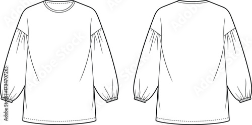 Long sleeve blouse flat sketch, puff sleeve fashion design, loose fit top illustration, apparel garment template, clothing construction drawing, vector technical outline