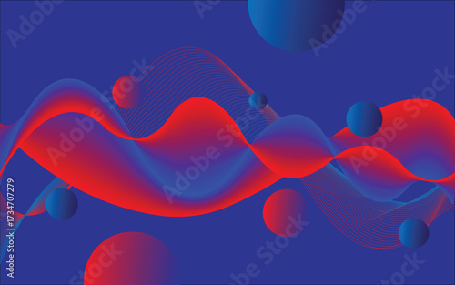 Neon duotone wave with floating spheres on deep blue — dynamic red‑blue gradient ribbons and fine line curves. Futuristic abstract background for tech, music, data and digital design projects.