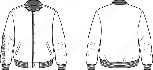 Varsity jacket flat sketch, fashion technical drawing, casual outerwear design, snap button coat illustration, apparel garment template, clothing construction vector outline