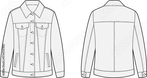 Denim jacket flat sketch, fashion technical drawing, casual outerwear design, button front coat illustration, apparel garment template, clothing construction vector outline