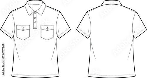 Short sleeve polo shirt flat sketch, fashion technical drawing, casual apparel design, chest pocket illustration, garment template, clothing construction vector outline