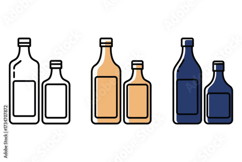 Illustration of bottle, showcasing different sizes and styles, representing liquid containers for various purposes in a vector format