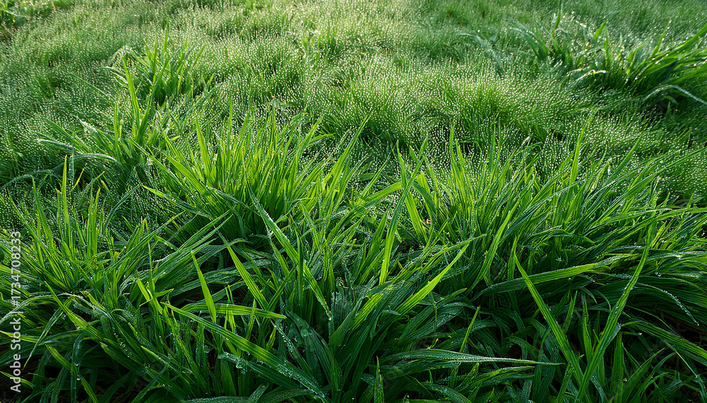 Fototapeta premium Fresh Green Grass Adorned With Morning Dew Under Natural Light From An Overhead Perspective