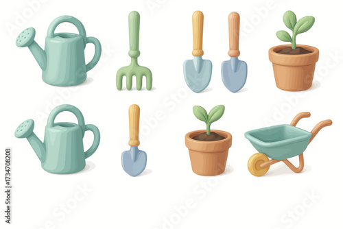 Collection of gardening tools and potted plants - watering cans, hand tools, and seedlings