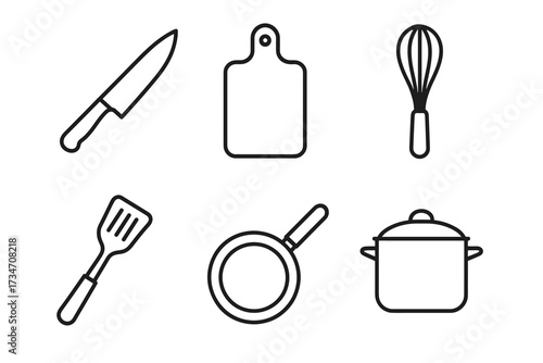 Collection of simple kitchen utensil icons: knife, whisk, pot, pan, spatula, cutting board