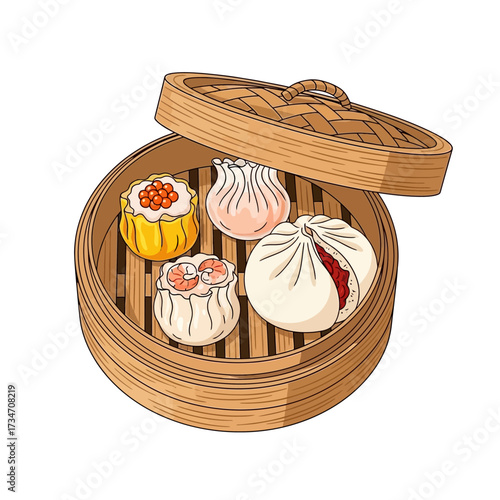 Illustration of various traditional Chinese dim sum dumplings and buns served in a bamboo steamer basket with the lid open, showcasing different fillings.