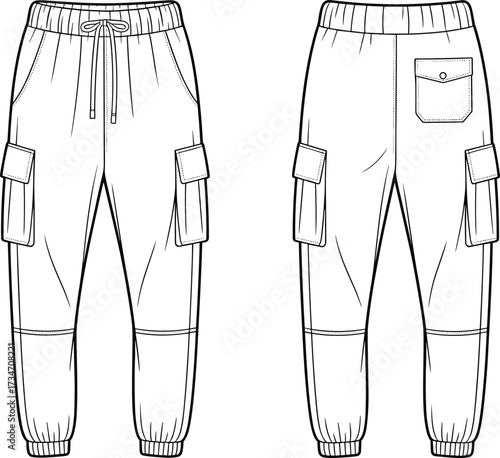 Cargo jogger pants flat sketch, fashion technical drawing, casual streetwear design, elastic waistband illustration, apparel garment template, clothing construction vector outline