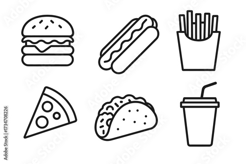 Icons of popular fast food items: burger, hotdog, fries, pizza, taco, drink