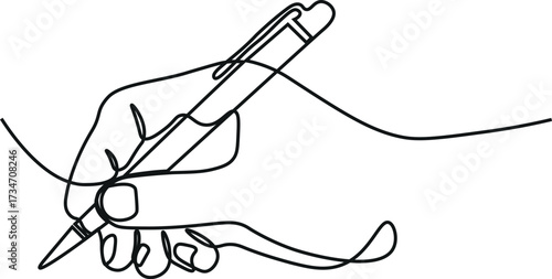Single one line drawing of hand writing with a pen on paper vector