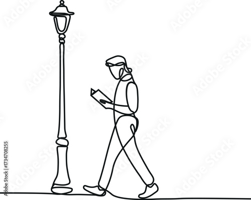 Continuous One Line Drawing of a Man Standing Beside a Lamp Post, Minimalist Line Art Illustration
