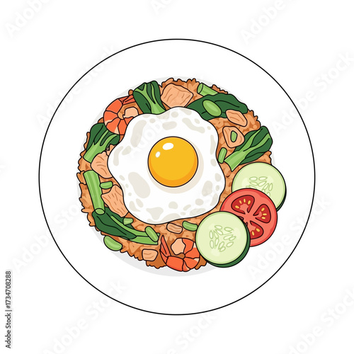 A top-down view of a plate of Indonesian fried rice with an egg and vegetables.