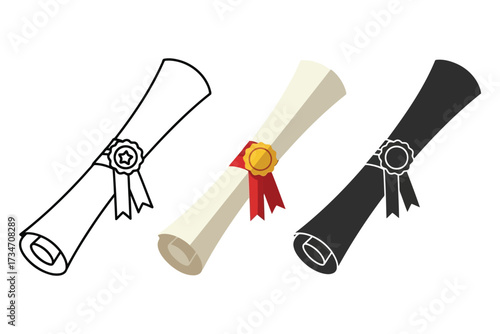 Vector art of diploma scroll in different styles outline, colored, and silhouette versions of a graduation certificate with a ribbon and seal