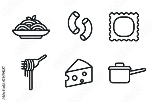 Assorted pasta icon set with cheese and cooking pot illustrations