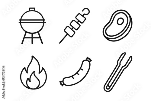 Barbecue icons: grill, kebab, steak, sausage, fire, tongs