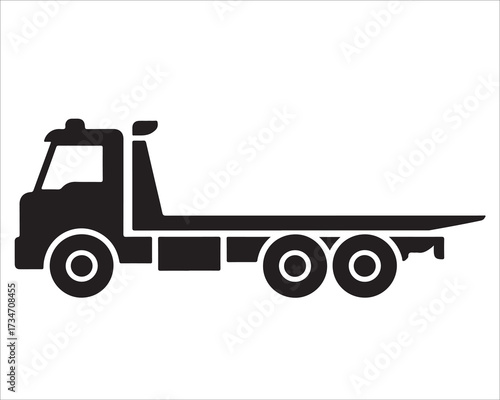 Flatbed tow truck silhouette vector illustration, heavy duty recovery vehicle icon in black and white, transport truck design for automotive, logistics, cargo delivery and roadside assistance concepts